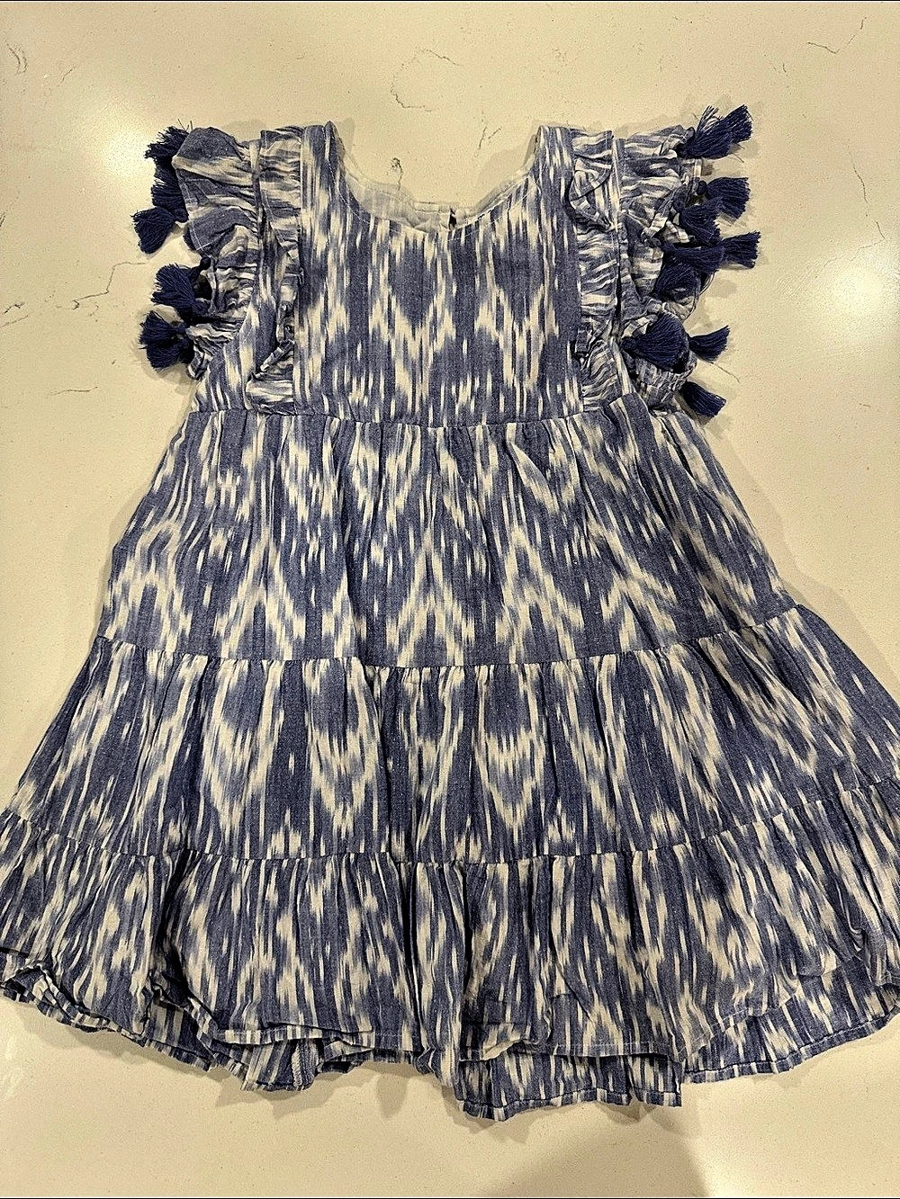 mer st. barth Little Girls Sophie Tassel Dress Blue Ikat & White Girls 6